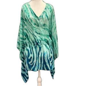 Jones New York Signature L green/blue batwing silky cinched waist top